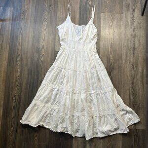 Tiered Midi Dress Small Cream Embroidered Smocked Rouched Lined 100% Cotton